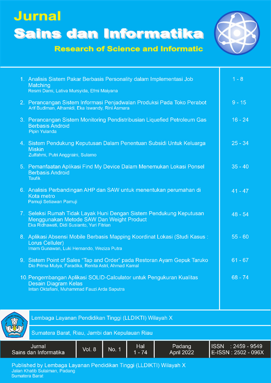 					View Vol. 8 No. 1 (2022): Jurnal Sains dan Informatika : Research of Science and Informatic
				